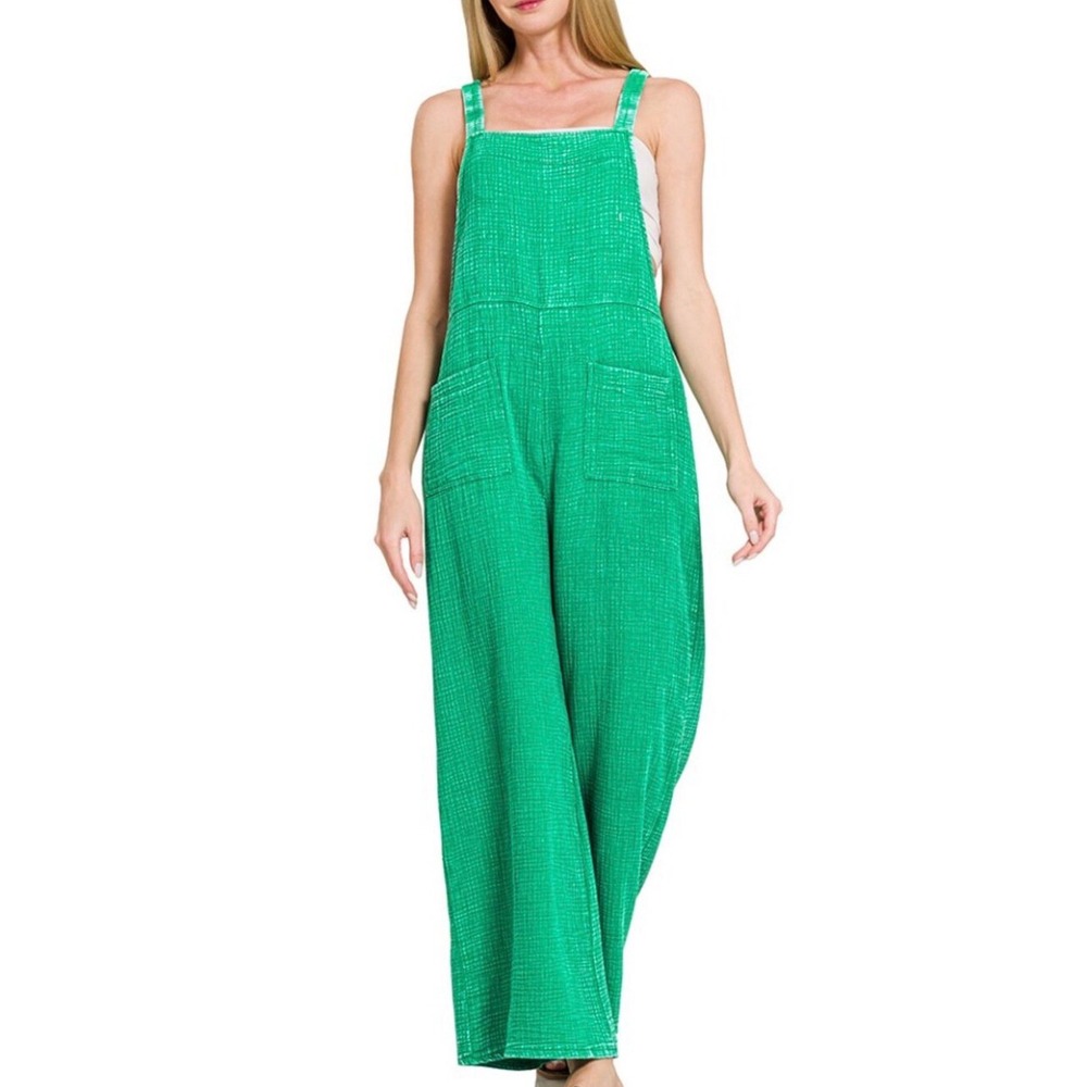 New Zenana K Green Kelly Green Cotton Gauze Overall Jumpsuit Wide Leg Boho Pocke